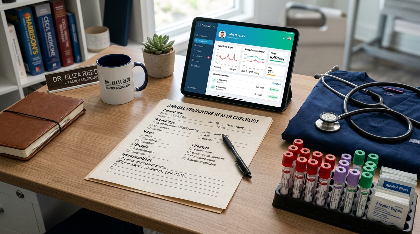 Physician desk with annual preventive health checklist and blood sample tubes