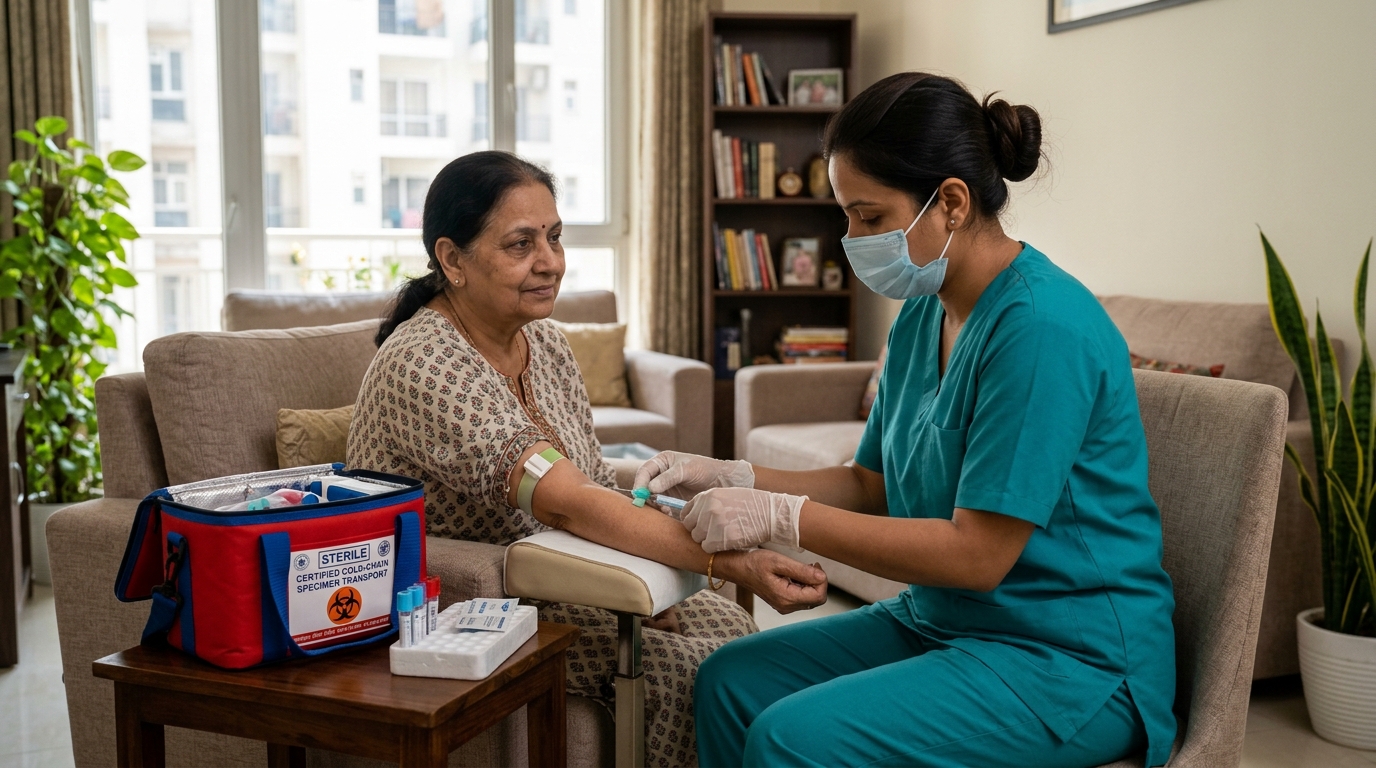 Professional phlebotomist collecting blood sample at home with cold-chain transport kit in Delhi