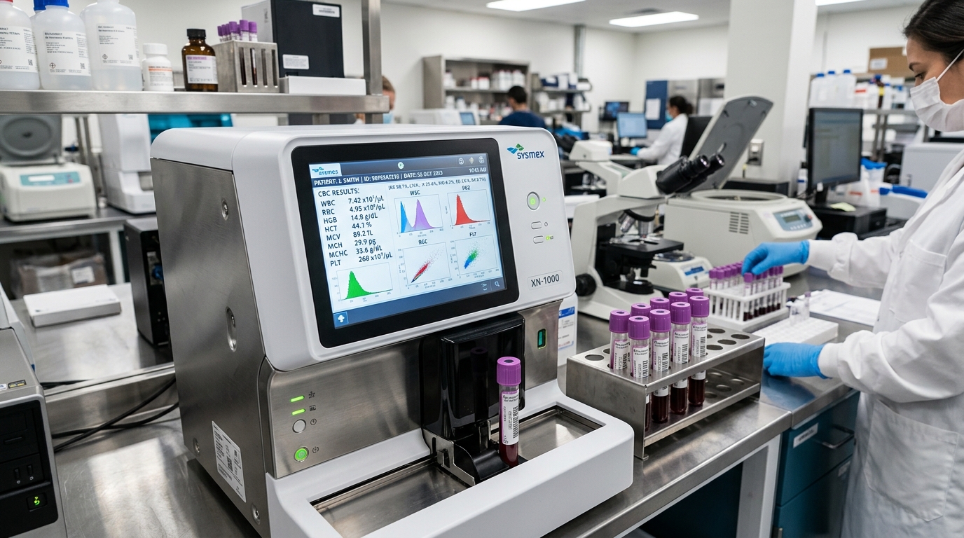 Automated hematology analyzer and purple-top EDTA blood tubes in diagnostic laboratory