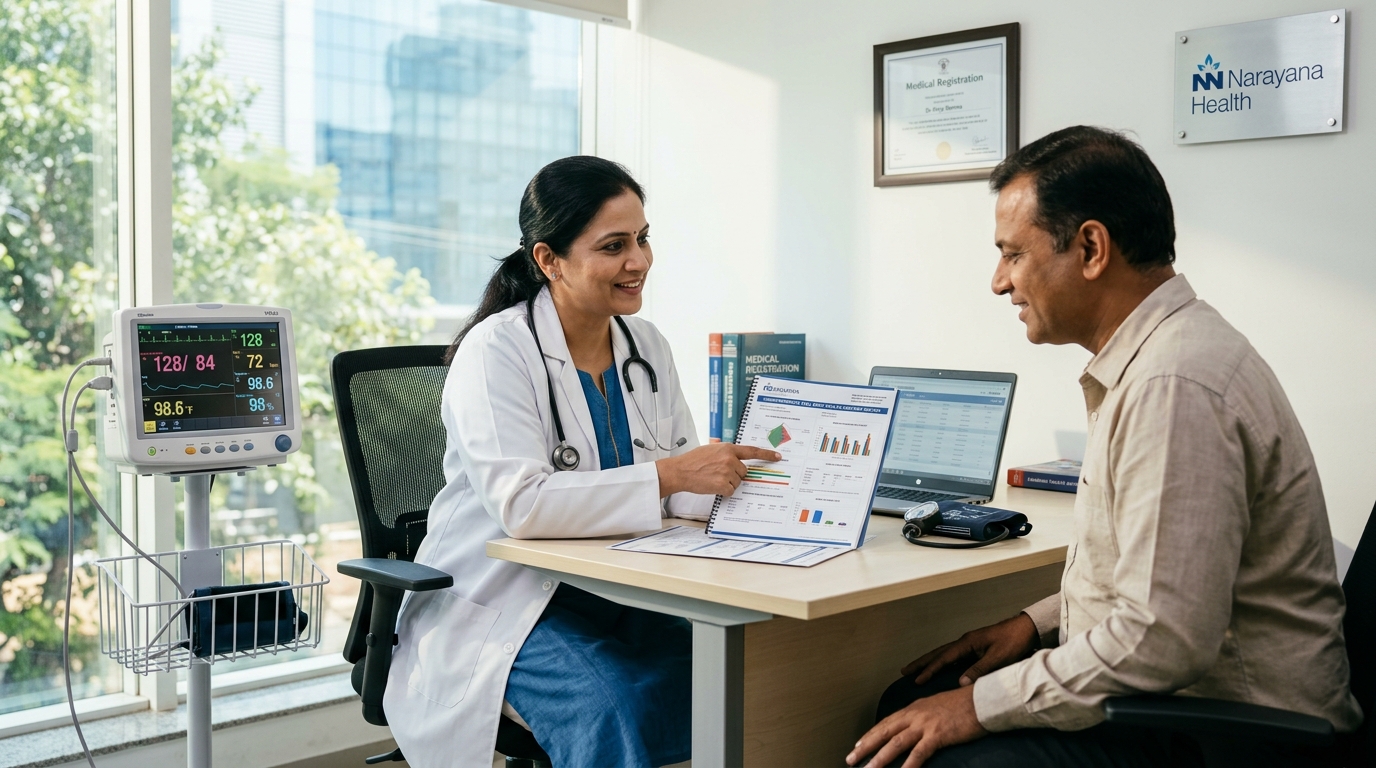 Physician reviewing comprehensive full body health checkup diagnostic report with a patient in clinic