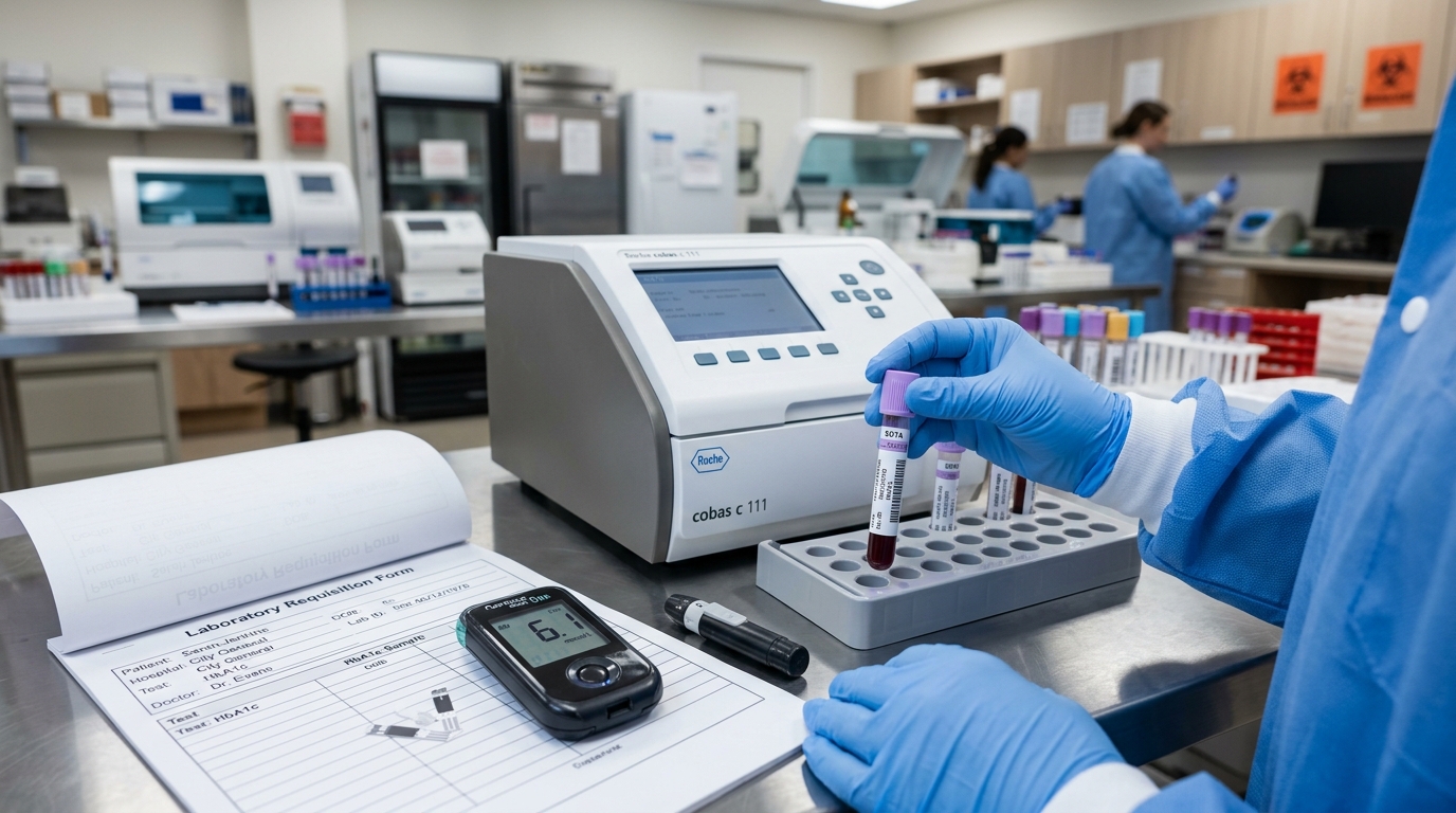 Clinical laboratory setting showing HbA1c glycated hemoglobin diabetes blood test analyzer and report