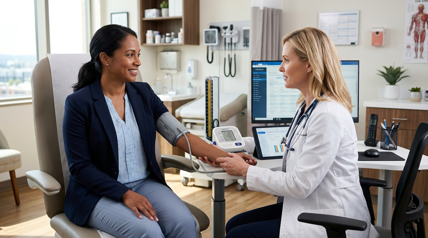 Physician discussing health assessment and blood pressure check with a 40-year-old adult in clinic