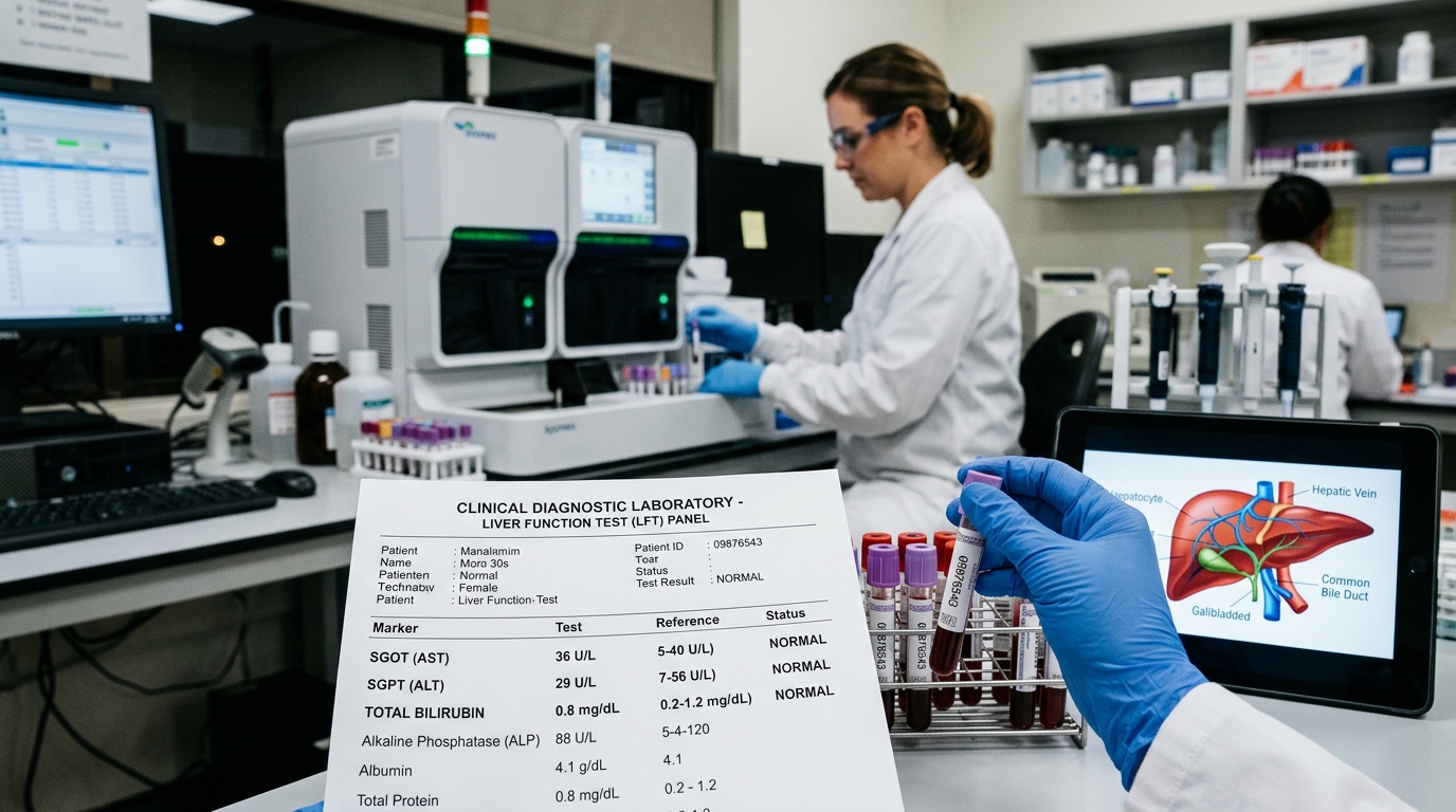 Clinical laboratory report for Liver Function Test with SGOT SGPT bilirubin and hepatic diagram