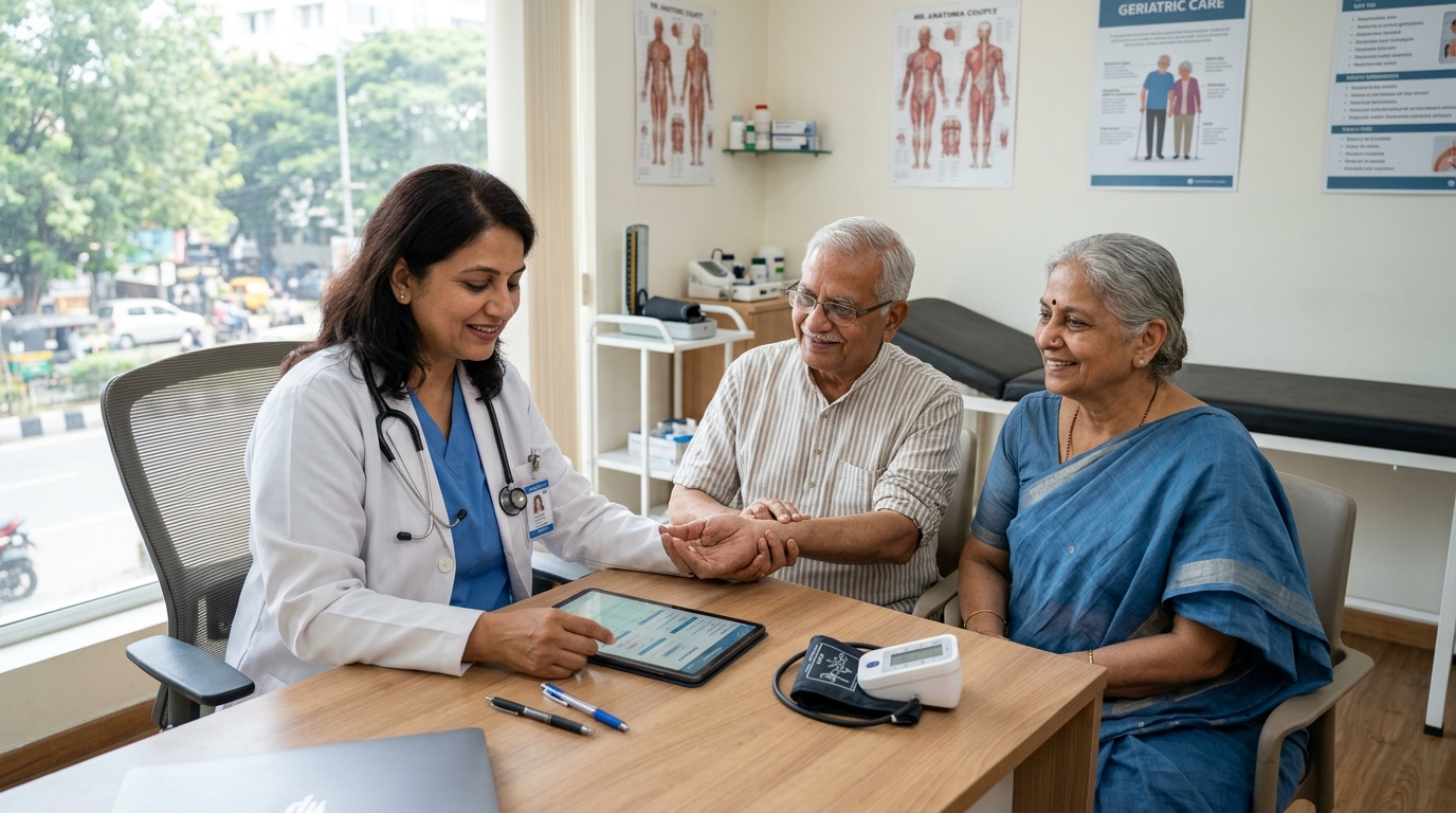 Caring doctor conducting comprehensive health checkup consultation for an elderly Indian couple