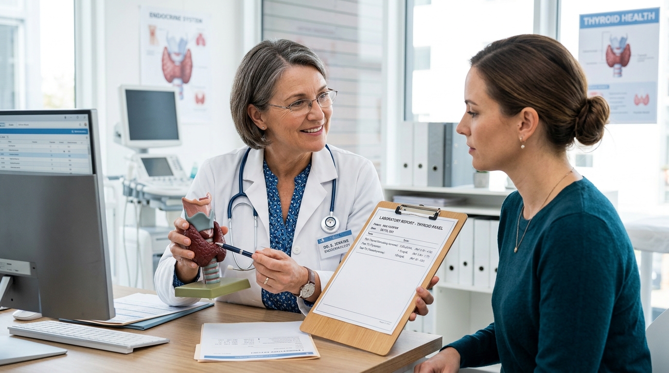 Physician discussing thyroid hormone report and TSH levels with patient in diagnostic clinic